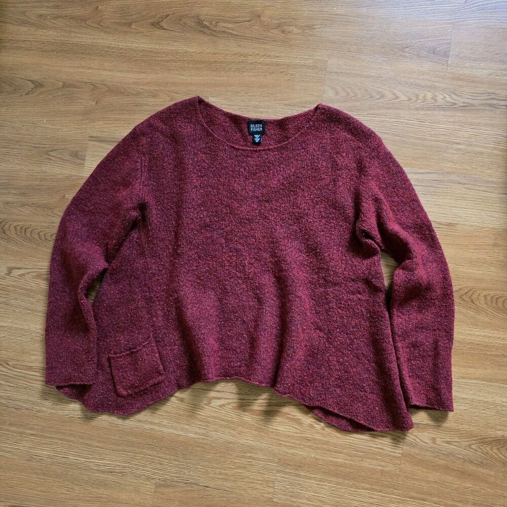 Eileen Fisher Red Wool Blend Boucle Swing Hem Sweater Boat neckline Sz M